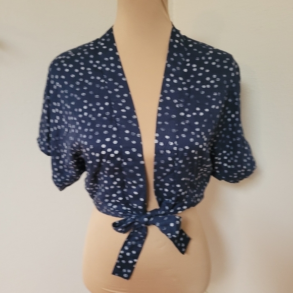 NWT Roxy Navy Polka-dot Tie Front Blouse - Picture 1 of 6